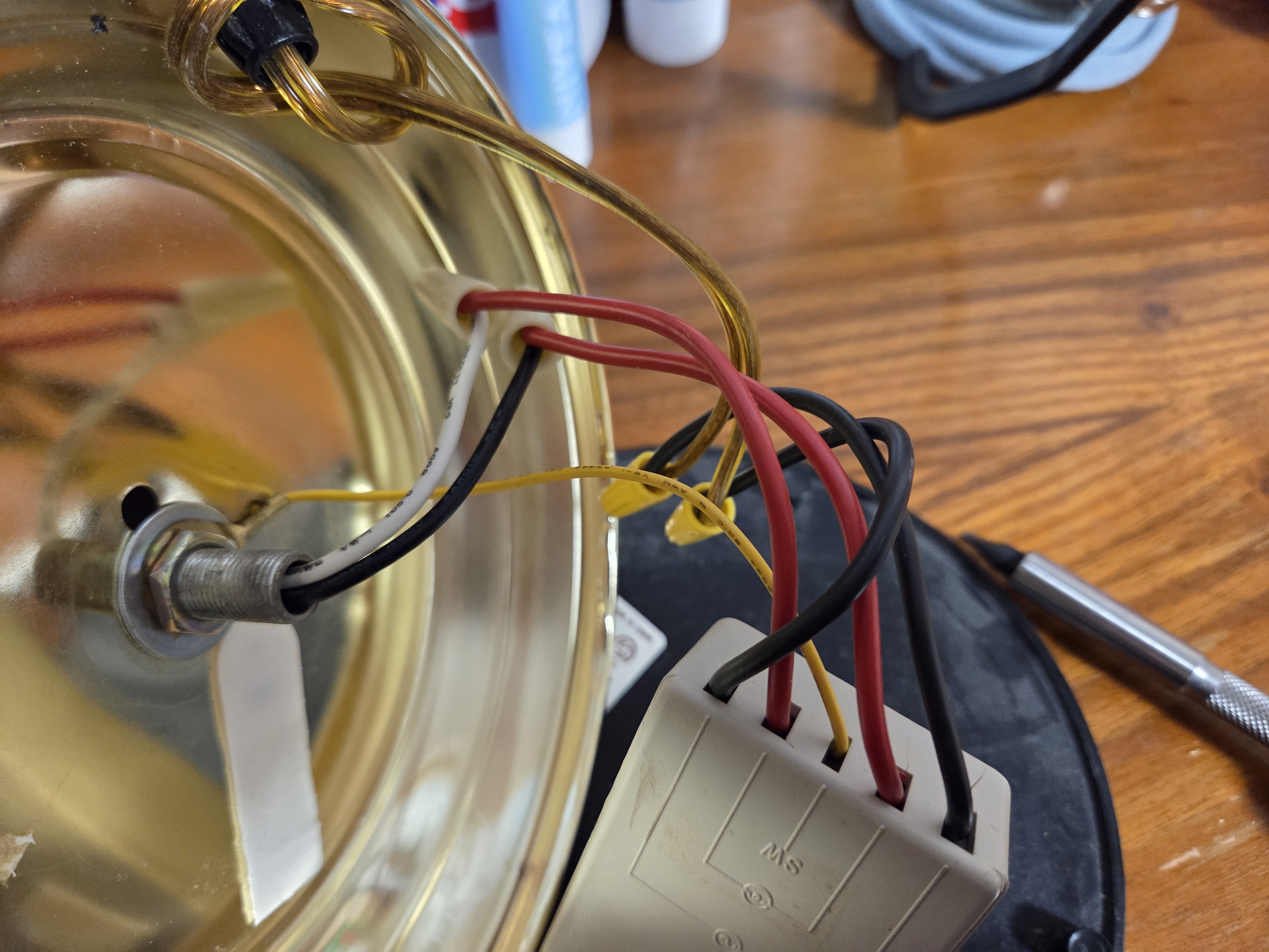 How the old touch switch box and its 5 wires were installed before the repair.