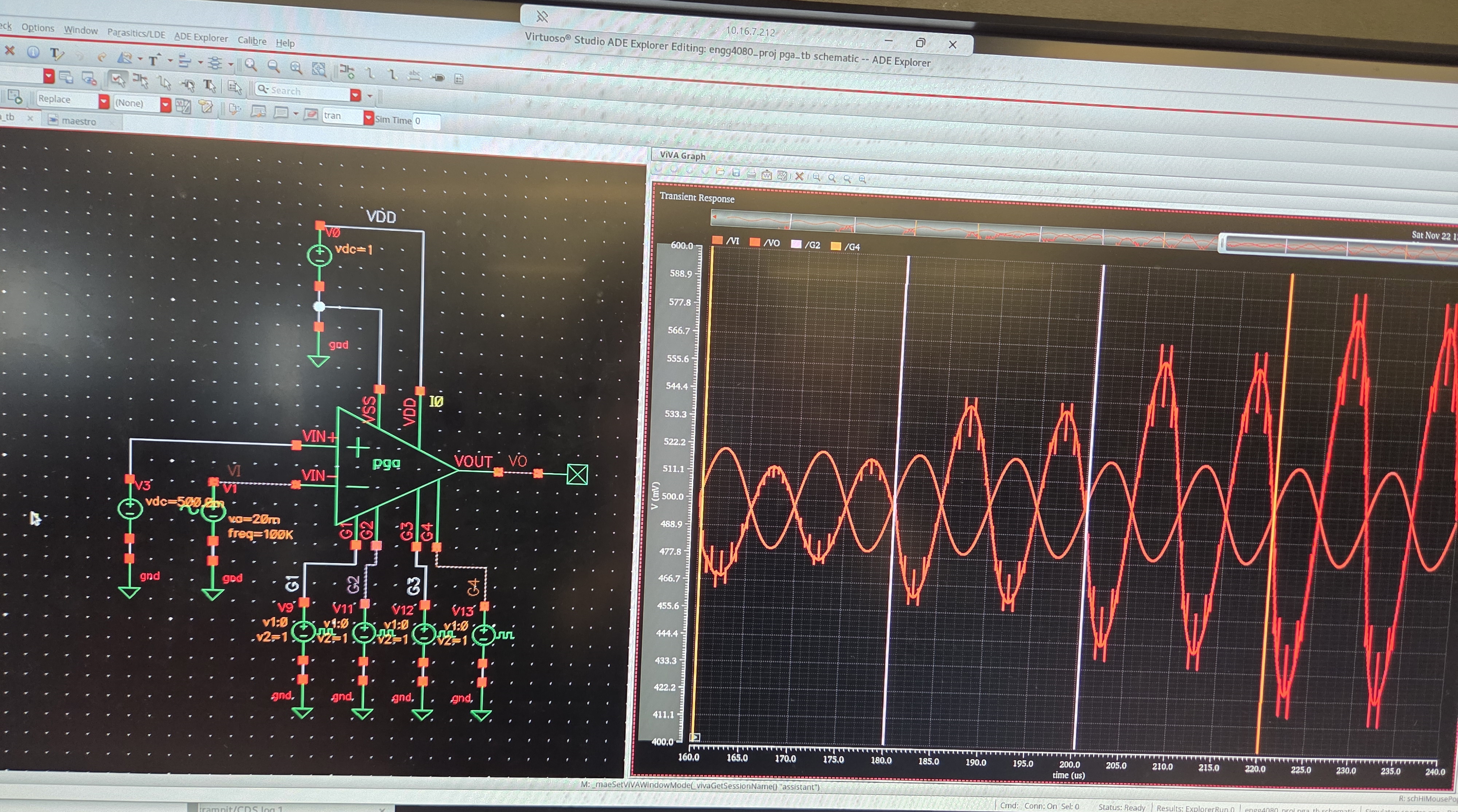 A peak into the development process for the programmable gain amplifier. Seen on the left is the schematic of the test bench, and the PGA simulation result are on the right.